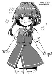 1girl braid commentary_request cowboy_shot dated diagonal-striped_clothes diagonal-striped_necktie dress gloves greyscale highres kamiya_tadato kantai_collection monochrome necktie one-hour_drawing_challenge puffy_short_sleeves puffy_sleeves sailor_collar sailor_dress short_hair short_hair_with_long_locks short_sleeves side_braids smile solo star_(symbol) striped_clothes striped_necktie thighhighs twitter_username ukuru_(kancolle)