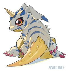 Rule 34 | animal focus, artist name, claws, closed mouth, digimon, digimon (creature), from behind, gabumon, looking at viewer, looking back, magiace, no humans, profile, red eyes, sharp teeth, signature, simple background, solo, teeth, white background