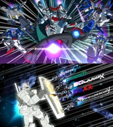 00_gundam absurdres commentary copyright_name english_commentary flying_kick freedom_gundam gquuuuuux green_eyes gundam gundam_00 gundam_aerial_rebuild gundam_age gundam_age-3 gundam_exia gundam_gquuuuuux gundam_seed gundam_suisei_no_majo gundrass highres holding holding_shield in-franchise_crossover kamen_rider kamen_rider_zi-o_(series) kamen_rider_zi-o_the_movie:_over_quartzer kicking mecha mecha_focus mobile_suit mobile_suit_gundam no_humans parody red_eyes robot rx-78-2_gundam science_fiction shield space v-fin