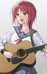 1girl angel_beats! black_wrist_cuffs blue_sailor_collar blue_skirt blush collarbone commentary_request cowboy_shot guitar highres holding holding_instrument instrument iwasawa_masami korean_commentary long_sleeves looking_afar medium_hair music neckerchief open_mouth parted_bangs pink_neckerchief playing_instrument red_eyes red_hair saang2cm sailor_collar shirt simple_background singing skirt sleeves_rolled_up solo sweat teeth tsurime upper_teeth_only white_background white_shirt wrist_cuffs