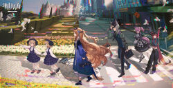 1boy 4girls animal_ears arknights bag bena_(arknights) blonde_hair blue_dress cane character_request dress garden hair_ornament hat highres holding holding_bag holding_cane horns iris_(arknights) long_hair long_sleeves multiple_girls necktie official_alternate_costume orange_hair ponytail purple_eyes purple_hair red_eyes red_hair road road_sign shamare_(arknights) shamare_(echo_of_the_horrorlair)_(arknights) siblings sign tail twins twintails vigna_(arknights) walking xiayehongming