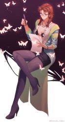 1girl black_skirt brown_eyes brown_hair coat eyeglasses formal_clothes frills glasses hanny_(uirusu_chan) high_heels highres julia_chang miniskirt namco open_clothes open_shirt pantyhose paper pen pencil_skirt sitting skirt skirt_suit suit tekken tekken_7 tight_skirt