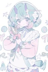 Rule 34 | 1girl, apron, blue hair, bow, cowboy shot, flower, frills, gradient hair, hair between eyes, hair ornament, holding, horns, leaf, long sleeves, looking at viewer, memuro, multicolored hair, original, pink hair, puffy long sleeves, puffy sleeves, purple eyes, ribbon, short hair, smile, solo, thick eyebrows, twitter username, upper body, white background