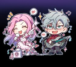 alien_stage blush closed_eyes do_thu_ha dress green_eyes grey_hair guitar heart highres instrument long_hair microphone mizi_(alien_stage) multicolored_hair music musical_note pink_hair red_shirt ribbon shirt short_hair singing smile till_(alien_stage) two-tone_hair wedding_dress white_dress