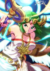1girl ancient_greek_clothes armlet bare_shoulders breasts chain chiton circlet collarbone dress forehead_jewel gold gold_chain greco-roman_clothes green_eyes green_hair highres holding holding_staff jewelry kid_icarus kid_icarus_uprising large_breasts laurel_crown long_hair neck_ring nintendo palutena parted_bangs pendant side_slit single_thighhigh smile solo staff strapless strapless_dress thighhighs tiara v-shaped_eyebrows vambraces very_long_hair white_dress white_thighhighs you_bird