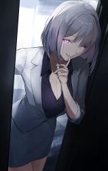 1girl absurdres bandaged_neck bandages blurry blurry_background breasts business_suit cleavage commentary doorway english_commentary feet_out_of_frame finger_to_mouth formal_clothes girls&#039;_frontline grey_hair highres jacket looking_at_viewer medium_breasts medium_hair office official_alternate_costume open_mouth purple_eyes purple_shirt rpk-16_(girls&#039;_frontline) rpk-16_(renate)_(girls&#039;_frontline) shenme_niao_mingzi shirt short_sleeves skirt smile solo standing suit white_jacket white_skirt