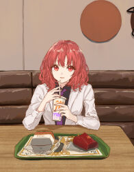 1girl commentary cup fast_food highres holding holding_cup horikawa_raiko indoors kashiwada_kiiho long_sleeves looking_at_viewer mcdonald&#039;s necktie purple_necktie red_eyes red_hair short_hair solo touhou upper_body