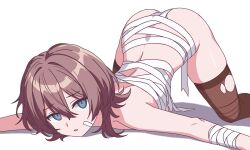 1girl ass bandaged_arm bandaged_chest bandages bandaid bandaid_on_face black_thighhighs blue_eyes brown_hair commentary defeat english_commentary highres honkai_(series) honkai_impact_3rd lantern_(honkai_impact) looking_at_viewer naked_bandage prickly-chan_(ycactussprout) short_hair simple_background solo thighhighs top-down_bottom-up white_background