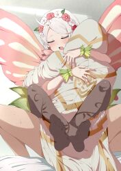 1boy 1girl absurdres ahoge bracelet butterfly_wings capelet closed_mouth commission commissioner_upload couple fairy fairy_wings fazekas feet fire_emblem fire_emblem_fates fire_emblem_heroes flower gradient_clothes hair_flower hair_ornament hair_vines hairband hetero highres hood hood_up hooded_robe hug impregnation insect_wings jewelry kiran_(fire_emblem) male_kiran_(fire_emblem) leaf_bracelet leg_lock lower_teeth_only nina_(fire_emblem) nina_(resplendent)_(fire_emblem) nintendo non-web_source official_alternate_costume open_mouth pantyhose parted_bangs pink_capelet pink_flower robe saliva sex soles straddling sweat teeth toes vine_print white_flower white_hair wings