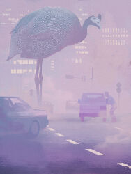 1boy bird car city commentary_request creature fog hiding highres motor_vehicle original outdoors road road_sign sign toy(e) traffic_light urban yuugai_choujuu