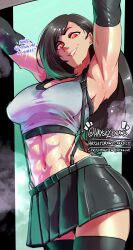 1girl absurdres armpits black_hair crop_top final_fantasy final_fantasy_vii final_fantasy_vii_remake haysey highres long_hair low-tied_long_hair miniskirt muscular muscular_female navel pleated_skirt skirt solo stomach suspender_skirt suspenders sweat sweaty_clothes tank_top thighhighs tifa_lockhart very_sweaty white_tank_top zettai_ryouiki