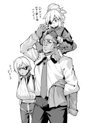 1girl 2boys bask_om carrying cast commentary_request deux_murasame edobox eyepatch gates_capa goggles greyscale gundam gundam_gquuuuuux hat highres looking_at_another mecha_pilot_suit monochrome multiple_boys necktie shoulder_carry translation_request updo