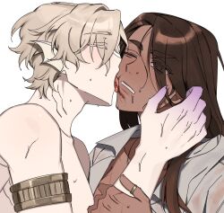 1boy 1girl alien_stage armband blonde_hair brown_hair claws closed_eyes colored_extremities commentary dark-skinned_female dark_skin english_commentary fins gills hair_over_one_eye head_fins highres hyuna_(alien_stage) licking licking_another&#039;s_face long_hair luka_(alien_stage) majunjuu one_eye_closed short_hair sweat tongue