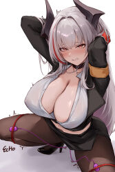 Rule 34 | 1girl, absurdres, admiral zenker (azur lane), admiral zenker (fun with...interrogations?) (azur lane), areola slip, armband, arms behind head, artist name, azur lane, bdsm, black horns, black jacket, black pantyhose, black shoes, black skirt, bondage, bound, breasts, cleavage, clenched teeth, e.c.ho, high heels, highres, holding, horns, huge breasts, jacket, large variant set, long hair, looking at viewer, multicolored hair, office lady, official alternate costume, pantyhose, pencil skirt, red eyes, red hair, red streaks, restrained, sex toy, shirt, shoes, simple background, skirt, solo, spread legs, squatting, streaked hair, teeth, torn clothes, torn pantyhose, trembling, two-tone hair, variant set, vibrator, white hair, white shirt, yellow armband