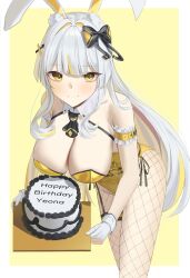 1girl absurdres animal_ear_fluff animal_ears arm_garter bare_shoulders bent_over birthday_cake black_survival bow breasts cake cleavage closed_mouth commentary_request detached_collar dos_(ehgns007kr) eternal_return:_black_survival fishnet_pantyhose fishnets food gloves hair_bow hair_ornament highres large_breasts leotard long_hair looking_at_viewer minami_rio minami_rio_(winning_shot) multicolored_hair official_alternate_costume pantyhose partially_fingerless_gloves playboy_bunny rabbit_ears side-tie_leotard smile solo spaghetti_strap streaked_hair thigh_strap very_long_hair white_gloves white_hair wrist_cuffs x_hair_ornament yellow_eyes yellow_leotard