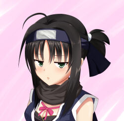 Rule 34 | 1girl, 2016, ahoge, bare shoulders, black hair, black scarf, blush, bow, breasts, cleavage, clip studio paint (medium), commentary request, dated commentary, forehead protector, frown, green eyes, hair between eyes, hitachi mako, jitome, looking at viewer, makochan42, medium breasts, ninja, open mouth, pink background, pink bow, ponytail, scarf, senren banka, short hair with long locks, short ponytail, simple background, solo, upper body