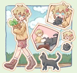 1boy absurdres alternate_costume animalization antenna_hair basil_(faraway)_(omori) basil_(omori) blonde_hair blue_eyes blush boots brown_boots brown_shorts brown_sweater cat chibi closed_mouth collared_shirt flower food hair_flower hair_ornament highres long_sleeves omori open_mouth shirt short_hair shorts solo spoilers steak sunny_(omori) sweater thatbirdcanfly white_shirt