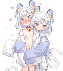 2girls animal_ears bell blush clone closed_mouth commentary english_commentary flat_chest glasses grey_hair hair_ornament hairclip heart highres indie_virtual_youtuber jingle_bell loli long_sleeves looking_at_viewer maplesights mouse_ears mouse_girl mouse_tail multiple_girls navel neck_bell nemimi_yane open_mouth red_eyes round_eyewear shirt short_hair simple_background sleeves_past_fingers sleeves_past_wrists tail two_side_up white_background white_shirt