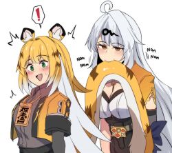 ! 2girls :d absurdres ahoge animal_ear_fluff animal_ears biting_another&#039;s_tail blonde_hair breasts cleavage commentary green_eyes hair_ornament hairclip highres hinghoi ju_fufu layered_sleeves long_hair long_sleeves multiple_girls open_mouth orange_shirt shirt short_over_long_sleeves short_sleeves simple_background smile spoken_exclamation_mark tail tiger_ears tiger_tail very_long_hair white_background white_hair yellow_eyes yi_xuan_(zenless_zone_zero) zenless_zone_zero