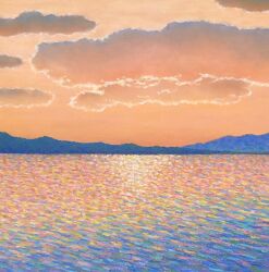 day highres keitatsujia morning mountain mountainous_horizon no_humans ocean orange_sky original scenery shore sky sunrise waves