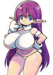 1girl absurdres armband blue_eyes breasts elf galaxy_fight gloves hand_on_own_hip highres huge_breasts long_hair looking_at_viewer midriff muramasa_mikado navel panties pointy_ears purple_hair roomi shirt sleeveless sleeveless_shirt standing underboob underwear white_background white_gloves white_panties white_shirt wide_hips