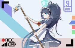 1girl :o absurdly_long_hair absurdres apron aqua_eyes aqua_halo aqua_ribbon aris_(blue_archive) aris_(maid)_(blue_archive) back_bow black_dress blue_archive bow bright_pupils chinese_commentary collared_dress commentary_request contrast_collar cowboy_shot dress dsfr floating_clothes floating_hair frilled_apron frilled_dress frills grey_hair hair_behind_ear halo high_ponytail highres holding kei_(robot)_(blue_archive) long_hair long_sidelocks looking_at_viewer looking_to_the_side maid maid_apron maid_headdress neck_ribbon number_print off_shoulder official_alternate_costume open_mouth pantyhose parted_bangs ponytail puffy_short_sleeves puffy_sleeves recording rectangular_halo ribbon ringed_eyes short_sleeves sidelocks simple_background solo very_long_hair white_apron white_bow white_headdress white_pantyhose