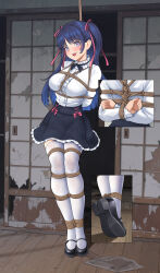 1girl absurdres arms_behind_back bdsm black_ribbon black_shoes black_skirt blue_eyes blue_hair blush bondage borrowed_character bound bound_legs bow breasts close-up from_behind hair_ribbon heart heart_in_eye highres indoors large_breasts long_hair long_sleeves looking_at_viewer mary_janes neck_ribbon open_mouth original pink_bow pink_ribbon ribbon shibari shirt shoe_soles shoes skirt sliding_doors smile solo suspension symbol_in_eye thighhighs tiptoes twintails two_side_up very_long_hair white_shirt white_thighhighs wooden_floor yanx5