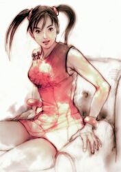 1girl bangle black_hair bracelet brown_eyes couch dress jewelry kawano_takuji ling_xiaoyu looking_at_viewer official_art on_couch pink_dress simple_background sitting smile solo teeth tekken tekken_4 twintails white_background