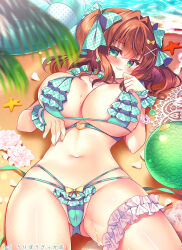 1girl :3 aoki_kaede aqua_bikini ball beach bikini blurry blush bow breasts brown_hair cleavage closed_mouth commentary_request depth_of_field frilled_bikini frills green_eyes hair_bow hair_ornament hair_ribbon huge_breasts innertube large_breasts long_hair looking_at_viewer lying navel ocean on_back original outdoors palm_tree partially_visible_vulva ribbon sand smile suzunone_rena swim_ring swimsuit thigh_strap tree twintails underboob x_hair_ornament