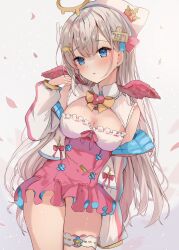 1girl blue_eyes blush bow breasts brown_hair cleavage commission dress feathered_wings hair_between_eyes hair_ornament halo hanahane_homari hand_up hat highres indie_virtual_youtuber jacket long_hair looking_at_viewer maruro medium_breasts off_shoulder open_clothes open_jacket parted_lips pink_dress pink_wings skeb_commission solo thigh_strap virtual_youtuber white_jacket wings