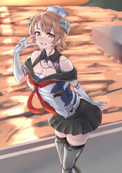 1girl absurdres black_sailor_collar black_skirt breasts brown_eyes brown_hair cleavage dixie_cup_hat dock elbow_gloves feet_out_of_frame flipped_hair gloves grey_shirt grey_thighhighs hat highres kantai_collection medium_breasts military_hat nakahara_nakahara neckerchief off-shoulder_shirt off_shoulder parted_bangs pleated_skirt red_neckerchief richard_p._leary_(kancolle) sailor_collar school_uniform serafuku shirt short_hair skirt solo thighhighs water white_gloves white_hat
