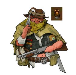 ammunition_pouch animal_ears bad_link cmyk-kim gun handgun highres machete pawn_(rimworld) pig_boy pig_ears pouch revolver rimworld sheriff_badge shotgun weapon