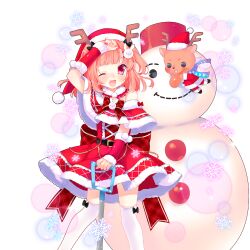 1boy antlers back_bow belt bow chibi crossdressing deer_antlers dress hat holding holding_shovel horns jerry_lemon medium_hair moriyama_shijimi pink_eyes pink_hair rabbit red_bow red_dress santa_costume santa_hat short_dress shovel snowflakes snowman thighhighs trap uchi_no_hime-sama_ga_ichiban_kawaii white_background white_thighhighs