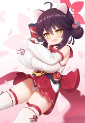 1girl ahoge animal_ears bare_shoulders blue_archive breasts brown_hair cherry_blossoms commentary_request detached_sleeves fang flare_gun gun hair_between_eyes hair_bun hakama halo highres holding holding_gun holding_weapon j2l japanese_clothes kaede_(blue_archive) large_breasts looking_at_viewer open_mouth panties red_hakama red_halo red_sailor_collar sailor_collar simple_background single_side_bun skin_fang sleeveless smile solo tassel thighhighs underwear weapon white_sleeves white_thighhighs yellow_eyes