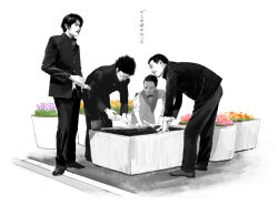 4boys aoi_haru_(film) bent_over bow bowtie closed_mouth flower full_body gakuran gardening glasses greyscale hanada-sensei_(aoi_haru) jacket kujo_(aoi_haru) long_sleeves looking_at_another male_focus monochrome multiple_boys own_hands_together pants pink_flower planter purple_flower red_flower scene_reference school_uniform shoes short_hair simple_background smile spot_color standing translation_request trowel very_short_hair vest wymaaa yellow_flower yoshimura_(aoi_haru) yukio_(aoi_haru)