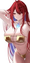1girl ahoge alternate_costume bikini blue_fire blue_hair breasts cleavage closed_mouth colored_inner_hair elizabeth_rose_bloodflame eyepatch_bikini fire fire_on_chest gold_bikini hand_in_own_hair highres hololive hololive_english huge_ahoge huge_breasts large_breasts long_hair multicolored_hair navel red_eyes red_hair si_farid smile solo swimsuit virtual_youtuber