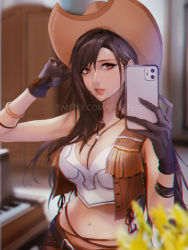 1girl absurdres aged_down belt belt_buckle black_gloves blurry breasts brown_hair brown_hat buckle cellphone commentary cowboy_hat cowgirl_(western) depth_of_field english_commentary final_fantasy final_fantasy_vii gloves hat highres holding holding_phone instrument large_breasts long_hair midriff navel nibelheim open_mouth phone piano piano_keys red_eyes sleeveless smartphone solo spykeee square_enix swept_bangs tifa_lockhart tifa_lockhart_(cowgirl) twitter_username upper_body watermark web_address