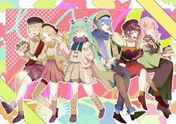 2boys 4girls ;3 absurdres aqua_eyes aqua_hair black_shoes blonde_hair blue_eyes blue_hair blue_scarf bow brown_coat brown_hair brown_hat brown_pants brown_shoes cake cake_slice closed_eyes coat dark_skin food hair_between_eyes hand_on_own_head hand_up hat hatsune_miku head_wreath headband headphones headphones_around_neck highres holding holding_hands holding_head_wreath holding_plate kagamine_len kagamine_rin kaito_(vocaloid) long_skirt long_sleeves looking_at_viewer medium_hair megurine_luka meiko_(vocaloid) multiple_boys multiple_girls one_eye_closed open_mouth pants parted_bangs pink_hair plate red_bow red_hat red_shorts red_skirt scarf shirt_tucked_in shoes short_hair shorts single_thighhigh skirt smile spaghetti_strap teeth thighhighs upper_teeth_only v vocaloid wide_sleeves xuanchye246 yellow_headband