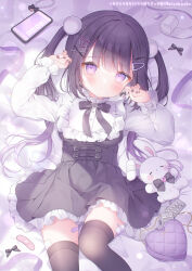 Rule 34 | 1girl, bandaid, bandaid on leg, bandaid on thigh, beads, belt, belt buckle, bib collar, black belt, black bow, black bowtie, black hair, black nails, black thighhighs, blush, bow, bowtie, breasts, broken heart, broken heart hair ornament, brooch, bubble skirt, buckle, cellphone, closed mouth, copyright notice, dot nose, dress shirt, feet out of frame, fingernails, frilled shirt collar, frilled skirt, frills, gauze, gauze on leg, hair ornament, hairclip, hairpin, hands up, heart, heart-shaped bag, heart brooch, jewelry, jirai kei, knee up, long hair, long sleeves, looking at viewer, lying, miniskirt, nail polish, official art, omochi monaka, on back, on bed, original, phone, pill, puffy long sleeves, puffy sleeves, purple bandaid, purple eyes, shirt, sidelocks, skirt, small breasts, stuffed animal, stuffed rabbit, stuffed toy, tearing up, thighhighs, twintails, underbust, x hair ornament, zettai ryouiki