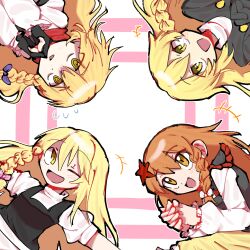 +++ 4girls azusa_(cookie) black_gloves black_vest blonde_hair blush bow braid buttons commentary_request cookie_(touhou) flying_sweatdrops gloves hair_bow hair_ornament highres hitsuji_tamura kirisame_marisa long_hair looking_at_viewer mars_(cookie) multiple_girls one_eye_closed open_mouth orange_eyes orange_hair own_hands_together partially_fingerless_gloves pink_background pink_bow puffy_short_sleeves puffy_sleeves purple_bow red_scarf red_star rei_(cookie) scarf shirt short_sleeves side_braid single_braid smile star_(symbol) star_hair_ornament touhou turtleneck turtleneck_shirt two-tone_background upper_body uzuki_(cookie) vest white_background white_bow white_shirt yellow_eyes