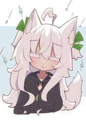 1girl absurdres ahoge animal_ear_fluff animal_ears black_hoodie blush closed_eyes closed_mouth colored_eyelashes commentary_request cropped_torso facing_viewer green_ribbon grey_background hair_between_eyes hair_ribbon highres hood hood_down hoodie jewelry long_hair long_sleeves original pendant ribbon saisoku_no_yukkuri sleeves_past_fingers sleeves_past_wrists solo tail translation_request two-tone_background two_side_up upper_body very_long_hair water_drop white_hair