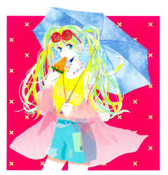 1girl absurdres aqua_eyes aqua_hair bare_shoulders blonde_hair blue_skirt blue_umbrella cellphone commentary_request contrapposto cowboy_shot ear_piercing earrings eyewear_on_head food food_in_mouth green_nails hand_up hatsune_miku highres holding holding_umbrella jewelry lanyard letterboxed long_hair looking_at_viewer masking_tape_(medium) miniskirt mixed_media multicolored_hair outside_border parasol phone piercing popsicle red_background ryono see-through_clothes see-through_shawl shawl shoulder_tattoo sidelocks skirt smartphone solo streaked_hair sunglasses tank_top tattoo traditional_media twintails umbrella unconventional_media vocaloid watermark watermelon_bar web_address yellow_tank_top