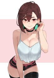 ayase_momo brown_hair camisole choker dandadan earrings highres jewelry orange_eyes short_shorts shorts thighhighs