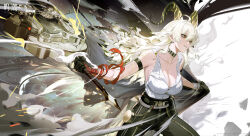 1girl absurdres arm_strap bare_shoulders black_choker black_gloves black_horns black_jacket black_pants breasts choker collarbone cowboy_shot curled_horns earrings gloves high-waist_pants highres holding holding_jacket holding_sword holding_unworn_clothes holding_weapon horns jacket jewelry key_earrings large_breasts logo looking_ahead necktie necktie_around_wrists official_art pants parted_lips red_eyes red_necktie shirt shirt_tucked_in solo sword unworn_jacket weapon white_shirt wuthering_waves zani_(wuthering_waves)