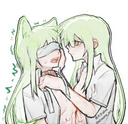 2girls aliveone_orz animal_ears bang_dream! bang_dream!_it&#039;s_mygo!!!!! blindfold breasts chinese_commentary collar commentary_request dual_persona green_hair kemonomimi_mode long_hair mortis_(bang_dream!) mortis_(persona)_(bang_dream!) multiple_girls open_clothes open_mouth open_shirt red_collar short_sleeves simple_background small_breasts sweat teeth upper_body upper_teeth_only wakaba_mutsumi white_background yellow_eyes yuri