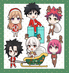 3boys 3girls :d animal_costume animal_ears antlers arato_hisako blonde_hair chibi deer_ears dress fake_animal_ears fake_antlers green_background hat highres holding holding_sack horns jacket kurokiba_ryou long_hair medium_hair multicolored_hair multiple_boys multiple_girls nakiri_alice nakiri_asahi nakiri_erina open_mouth pants pink_eyes pink_hair red_hair red_jacket red_pants reindeer_antlers reindeer_costume sack santa_costume santa_dress santa_hat shokugeki_no_souma short_hair smile standing toy-black two-tone_hair white_background white_hair yukihira_souma