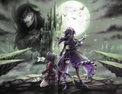 Rule 34 | 3girls, absurdres, artist request, battle, black boots, black hair, blue ribbon, boots, breasts, brown hair, castle, cliff, cloud, demon, demon girl, demon horns, facing ahead, fighting stance, flying, full body, full moon, gal guardians, gal gun (series), gun, hair ornament, hair ribbon, highres, hill, holding, holding gun, holding weapon, horns, japanese clothes, kamizono maya, kamizono shinobu, kurona (adult), large breasts, long hair, long sleeves, looking at another, mac-10/11, mask, moon, multiple girls, night, night sky, official art, oni mask, open mouth, origami, paper, paper crane, red eyes, red hair, ribbon, scan, short hair, sky, standing, submachine gun, teeth, thighhighs, upper teeth only, weapon
