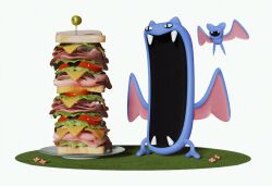 3d bat_wings blender_(medium) creatures_(company) everydaylouie fangs food game_freak gen_1_pokemon golbat grass nintendo no_humans olive open_mouth plate pokemon sandwich slit_pupils toothpick white_background wings zubat
