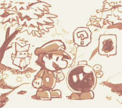 ? ^_^ big_nose bobby_(paper_mario) bush buttons newsboy_cap clenched_hand closed_eyes day facial_hair floating gloves greyscale hand_on_own_chin happy hat light_blush long_hair long_sleeves looking_at_another mario mario_(series) monochrome mountain mustache nervous nintendo olivia_(paper_mario) origami outdoors overalls paper_mario paper_mario:_the_origami_king paper_mario_(character) rokuyontarou shadow shirt shoes short_hair solid_oval_eyes spoken_question_mark spoken_squiggle squiggle standing star_(symbol) sweatdrop tree v-shaped_eyes