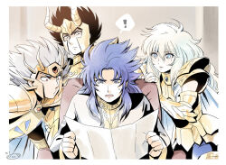 ! 4boys armor black_hair black_robe blue_eyes blue_eyeshadow blue_gemstone blue_hair cancer_death_mask cape capricorn_shura chair chest_jewel eyeshadow fake_horns forehead_jewel gem gemini_saga goat_horns grey_hair helmet holding holding_paper horned_helmet horns long_hair looking_at_map makeup mizuhara_aki mole mole_under_eye multiple_boys on_chair open_mouth paper pauldrons pisces_aphrodite red_eyes red_gemstone ringlets robe saint_seiya short_hair shoulder_armor sitting speech_bubble spiked_hair spoken_exclamation_mark sweatdrop trap